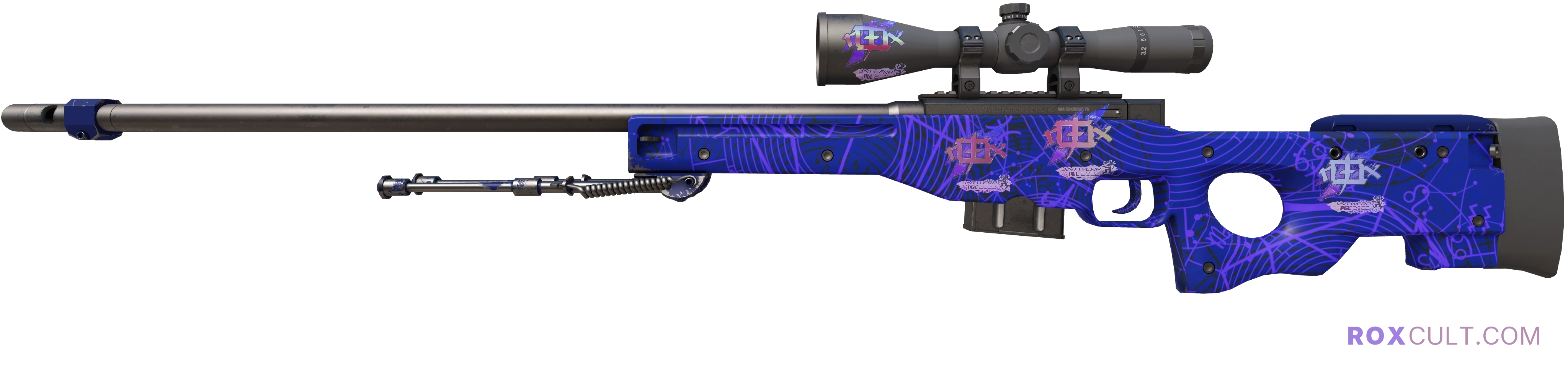 AWP | Sun in Leo (Factory New) — rox (Holo) Antwerp 2022 craft, playside view with 4 rox (Holo) stickers