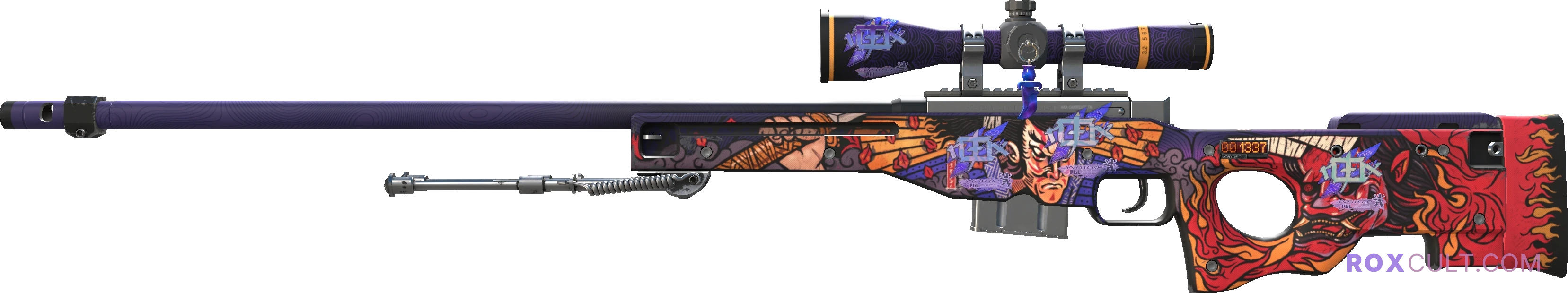 StatTrak™ AWP | Oni Taiji (Factory New) — rox (Holo) Antwerp 2022 craft, playside view with 4 rox (Holo) stickers