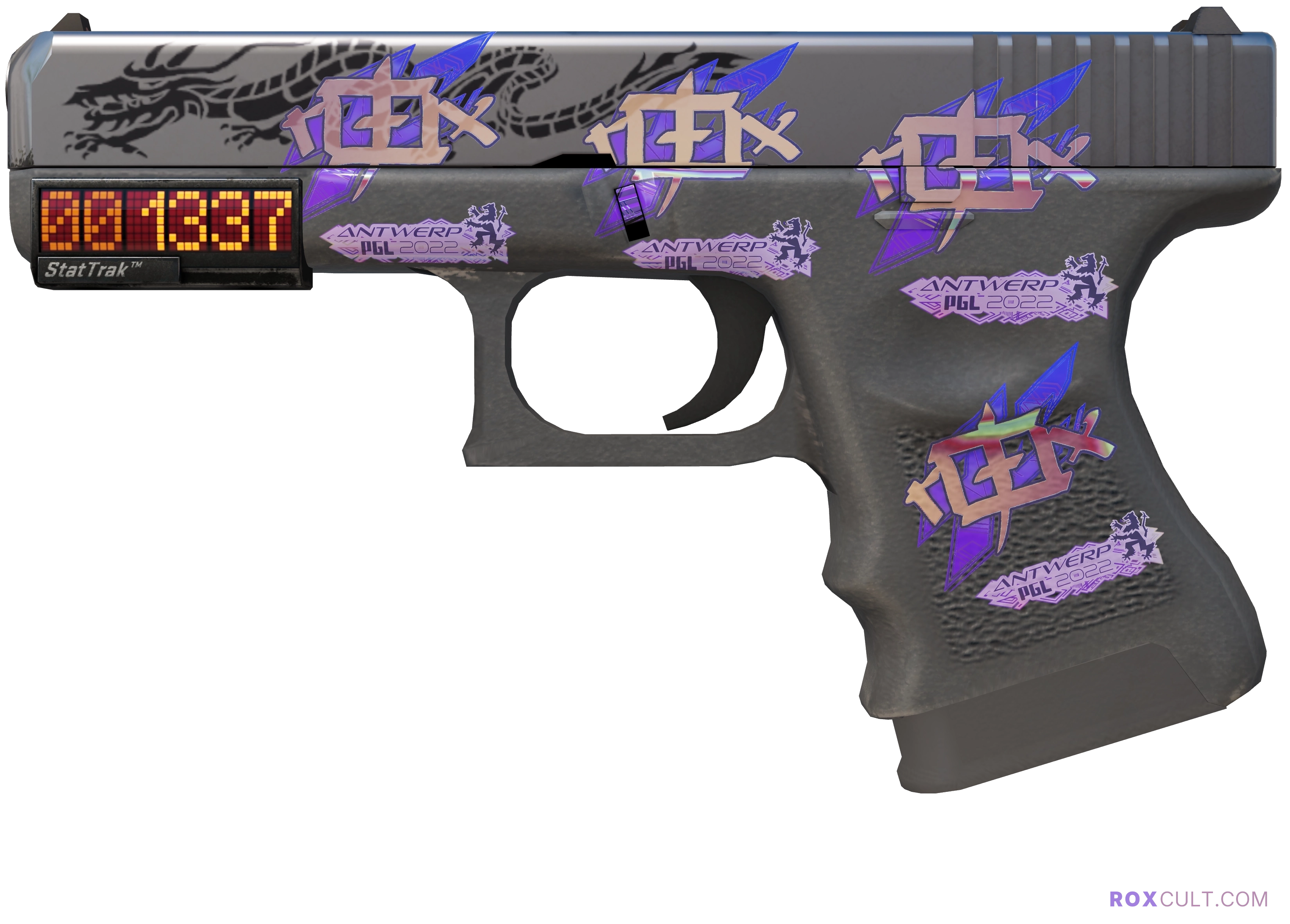 StatTrak™ Glock-18 | Dragon Tattoo (Factory New) — rox (Holo) Antwerp 2022 craft, playside view with 4 rox (Holo) stickers