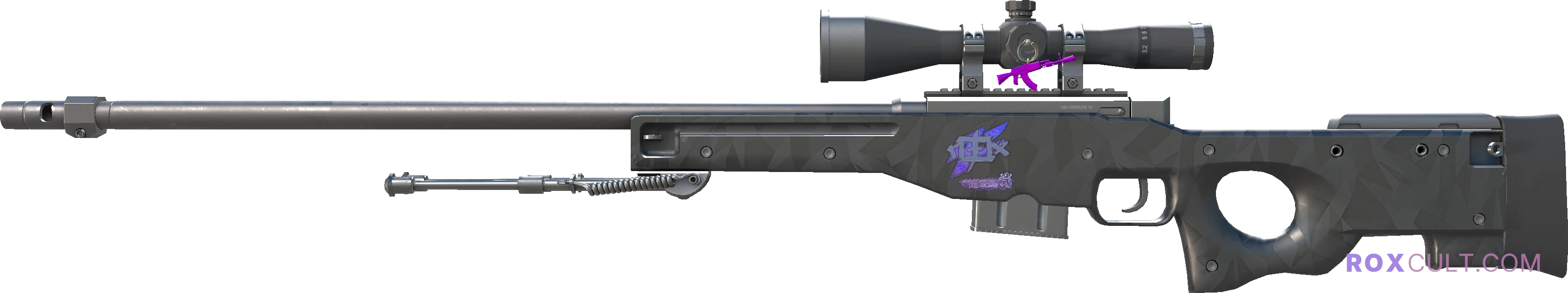 AWP | Graphite (Factory New) — rox (Holo) Antwerp 2022 craft, playside view with 1 rox (Holo) sticker