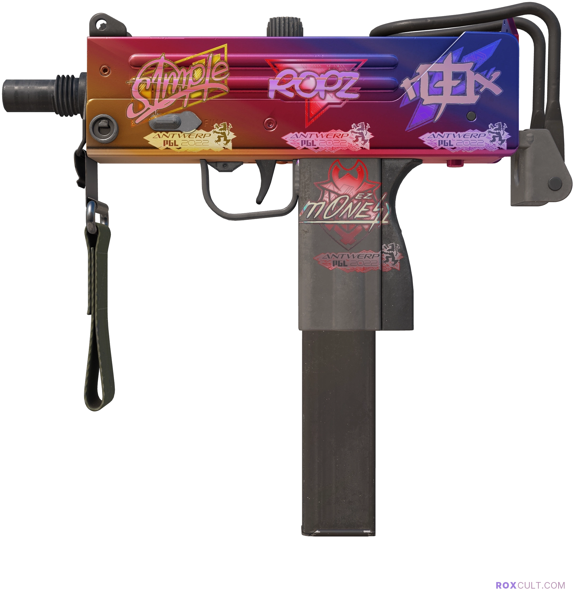 MAC-10 | Fade (Factory New) — rox (Holo) Antwerp 2022 craft, playside view with 1 rox (Holo) sticker