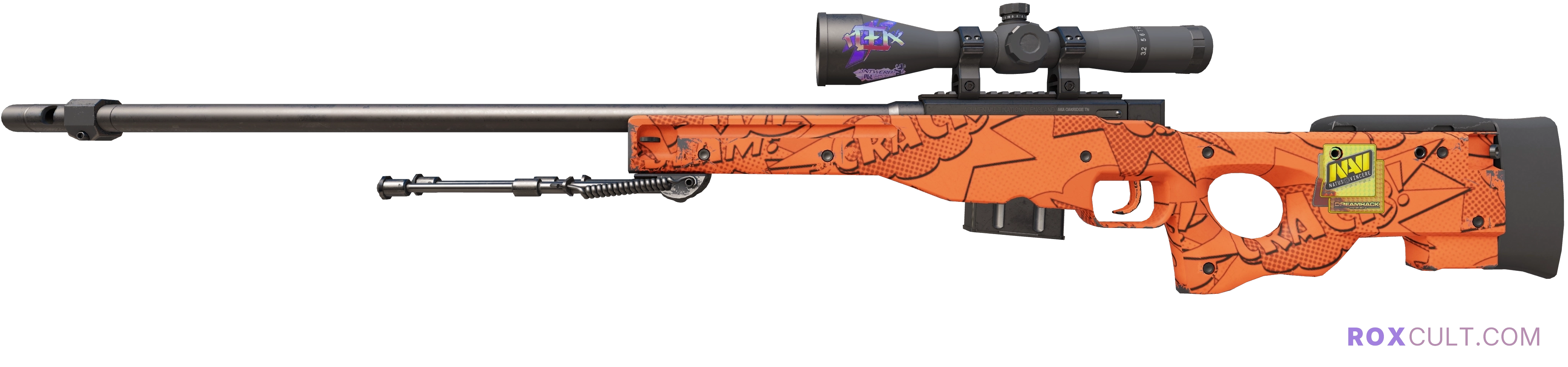 AWP | BOOM (Minimal Wear) — rox (Holo) Antwerp 2022 craft, playside view with 1 rox (Holo) sticker