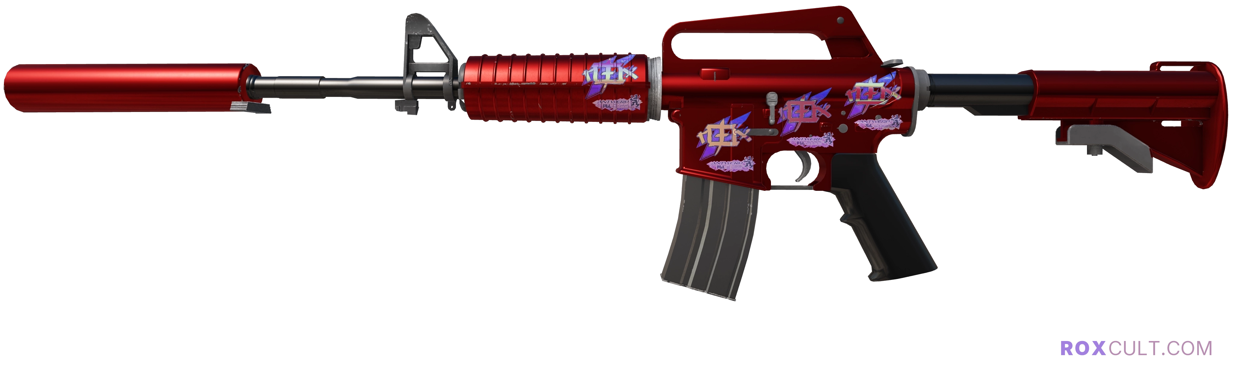 M4A1-S | Hot Rod (Factory New) — rox (Holo) Antwerp 2022 craft, playside view with 4 rox (Holo) stickers