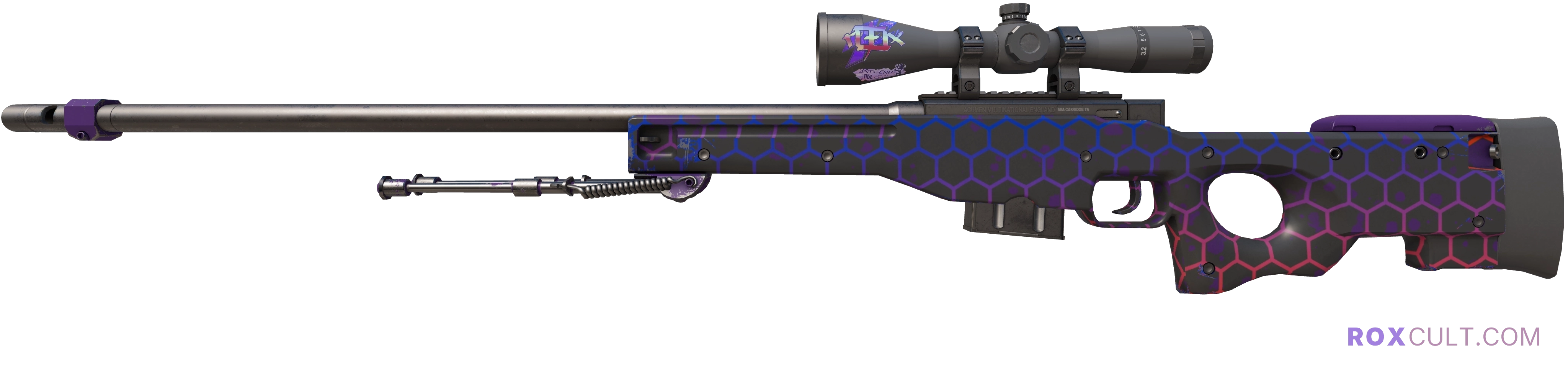 AWP | Electric Hive (Factory New) — rox (Holo) Antwerp 2022 craft, playside view with 1 rox (Holo) sticker