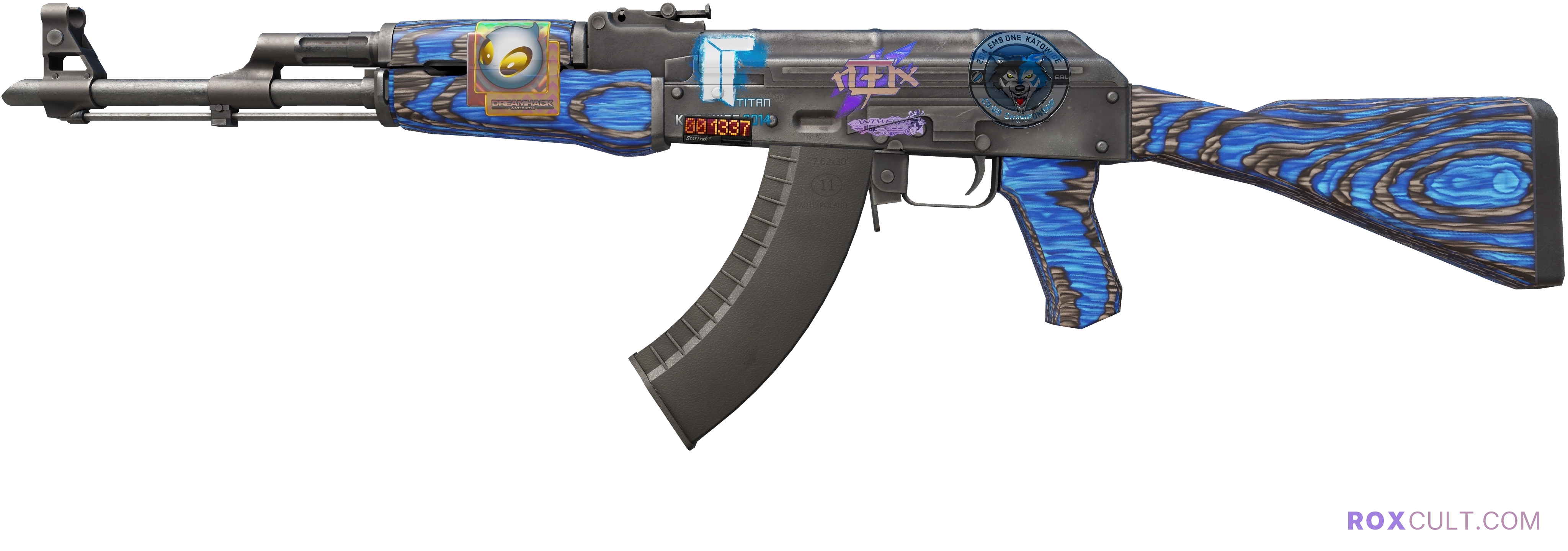 StatTrak™ AK-47 | Blue Laminate (Minimal Wear) — rox (Holo) Antwerp 2022 craft, playside view with 1 rox (Holo) sticker