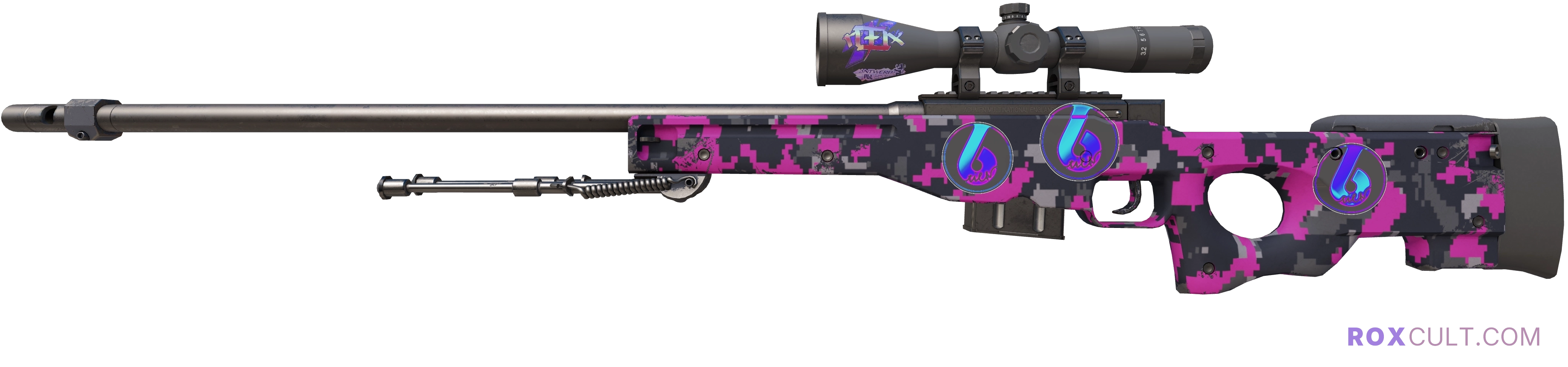 AWP | Pink DDPAT (Minimal Wear) — rox (Holo) Antwerp 2022 craft, playside view with 1 rox (Holo) sticker