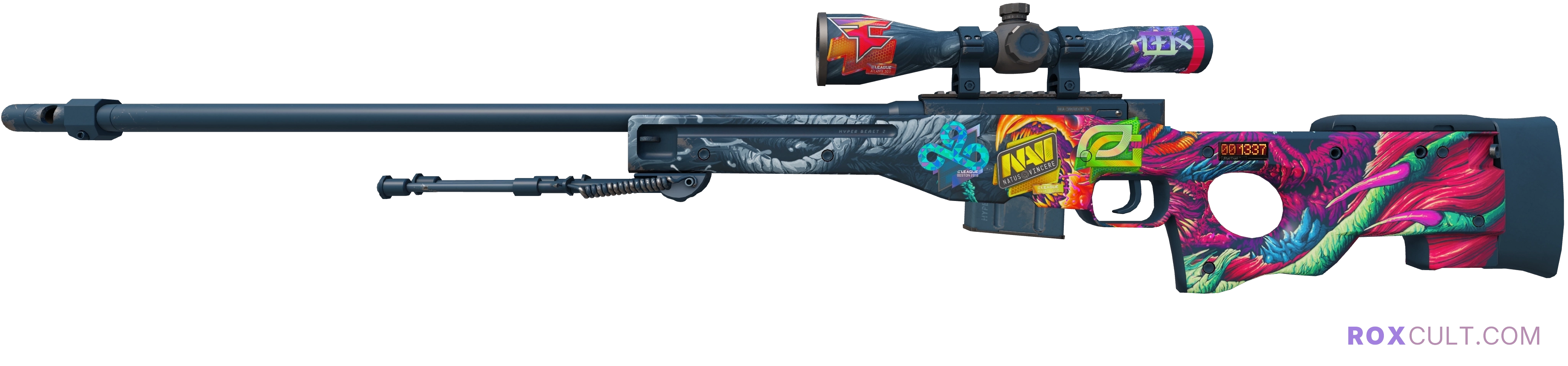 StatTrak™ AWP | Hyper Beast (Factory New) — rox (Holo) Antwerp 2022 craft, playside view with 1 rox (Holo) sticker