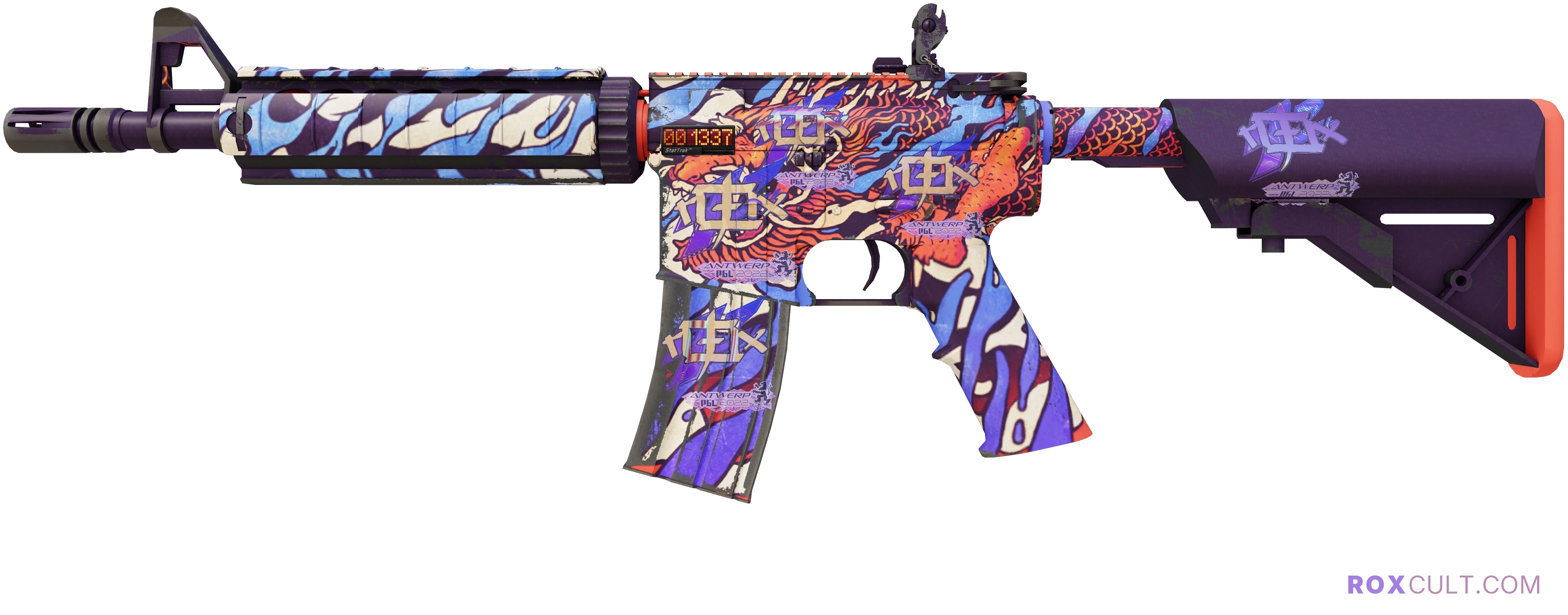 StatTrak™ M4A4 | 龍王 (Dragon King) (Factory New) — rox (Holo) Antwerp 2022 craft, playside view with 5 rox (Holo) stickers