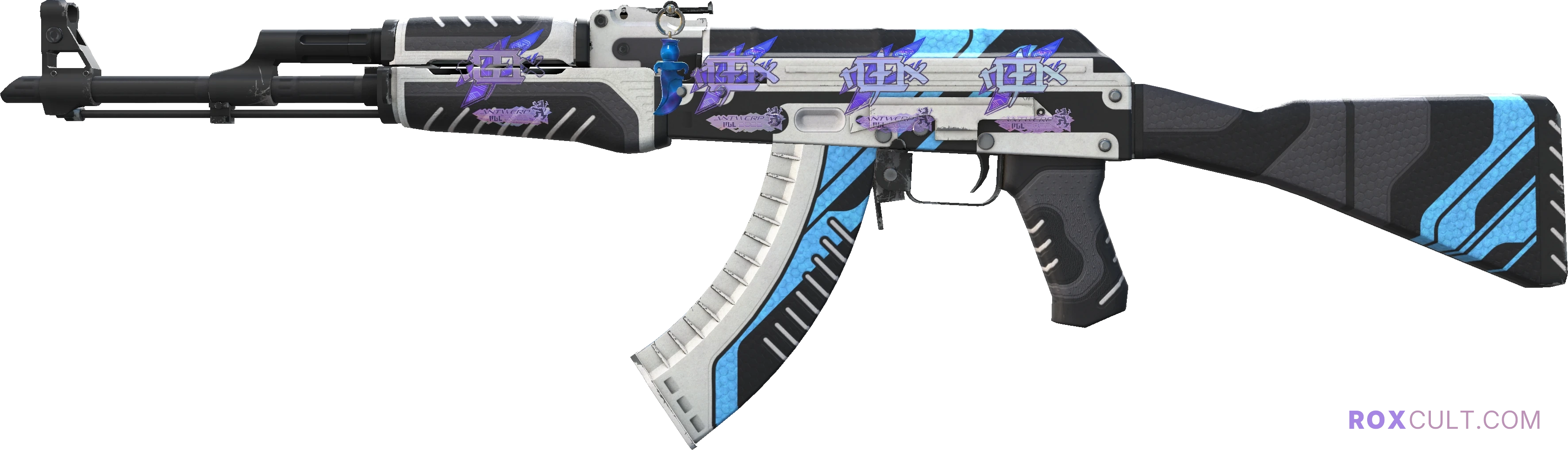 AK-47 | Vulcan (Factory New) — rox (Holo) Antwerp 2022 craft, playside view with 4 rox (Holo) stickers