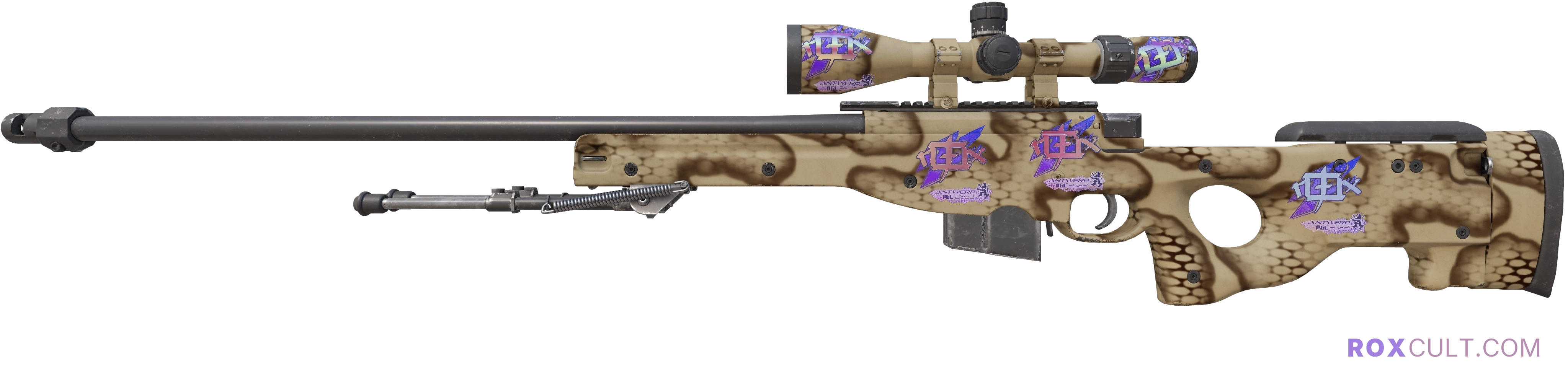 AWP | Snake Camo (Factory New) — rox (Holo) Antwerp 2022 craft, playside view with 5 rox (Holo) stickers