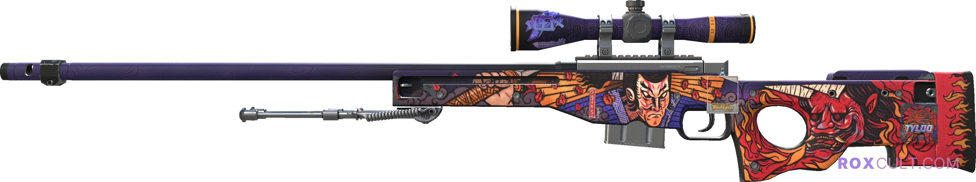 AWP | Oni Taiji (Minimal Wear) — rox (Holo) Antwerp 2022 craft, playside view with 1 rox (Holo) sticker