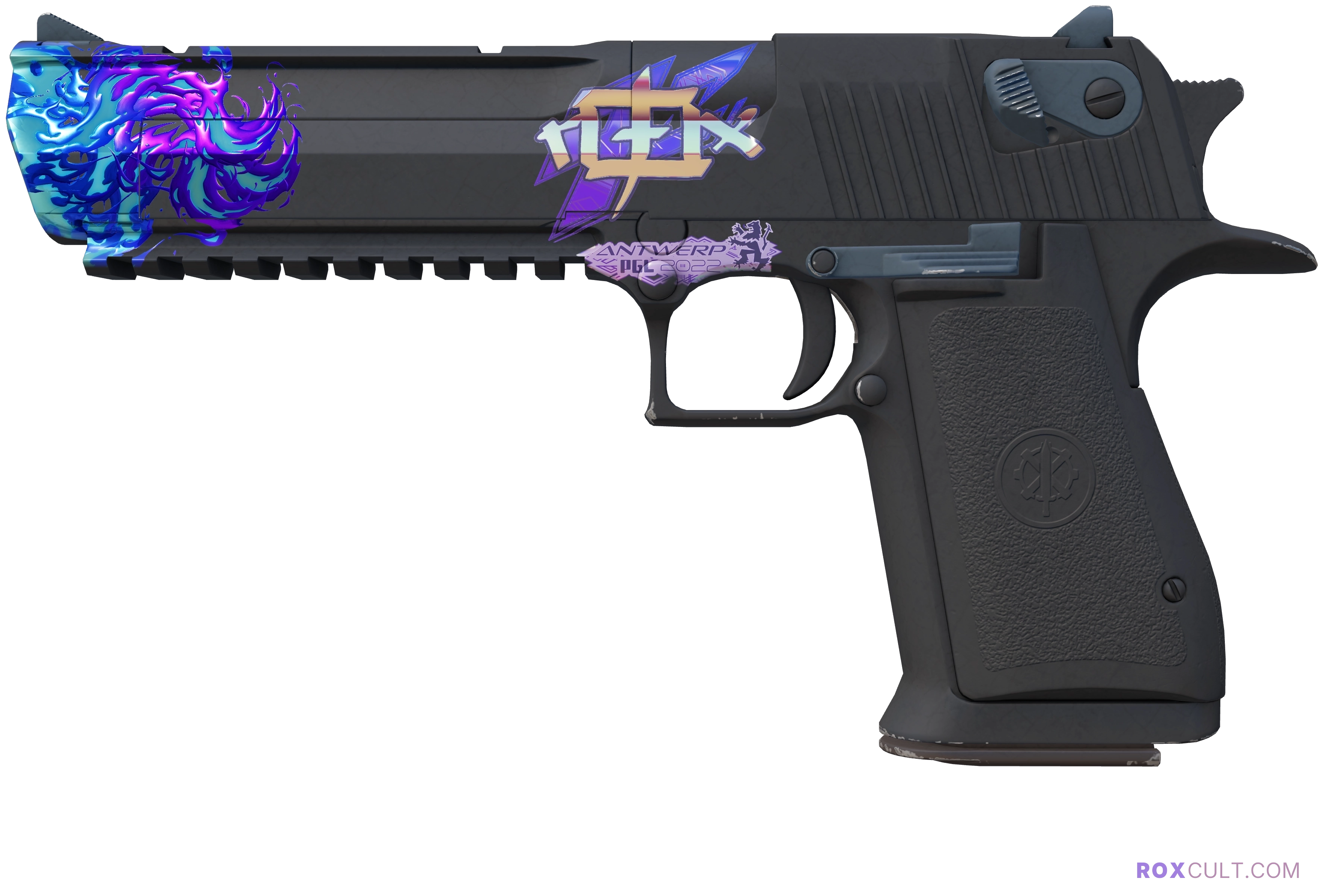 Desert Eagle | Night (Factory New) — rox (Holo) Antwerp 2022 craft, playside view with 1 rox (Holo) sticker