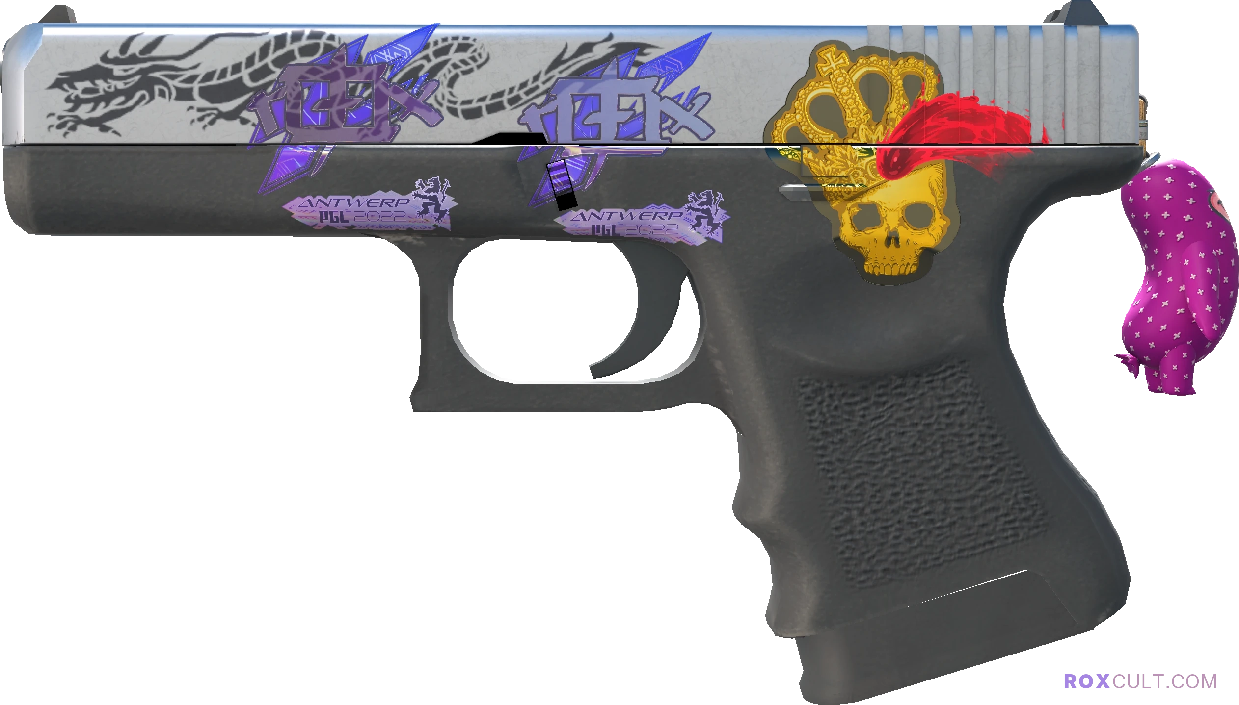 Glock-18 | Dragon Tattoo (Factory New) — rox (Holo) Antwerp 2022 craft, playside view with 2 rox (Holo) stickers