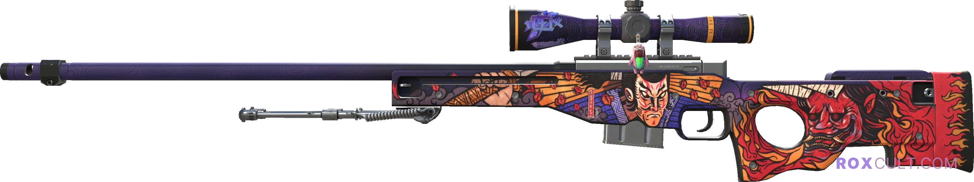 AWP | Oni Taiji (Factory New) — rox (Holo) Antwerp 2022 craft, playside view with 1 rox (Holo) sticker