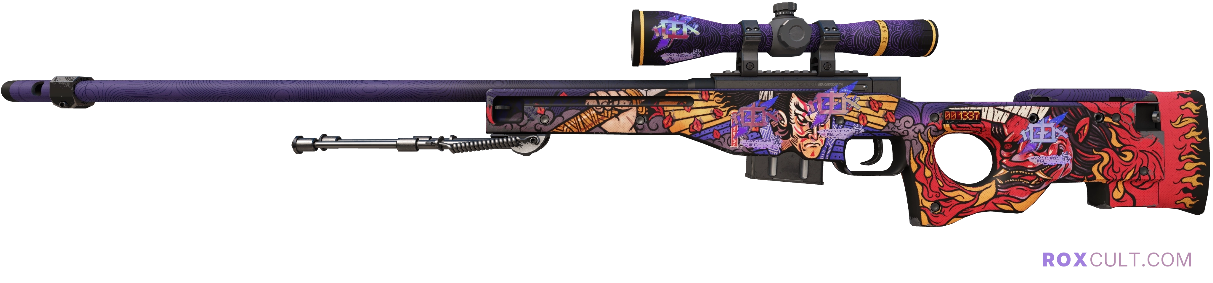 StatTrak™ AWP | Oni Taiji (Minimal Wear) — rox (Holo) Antwerp 2022 craft, playside view with 4 rox (Holo) stickers