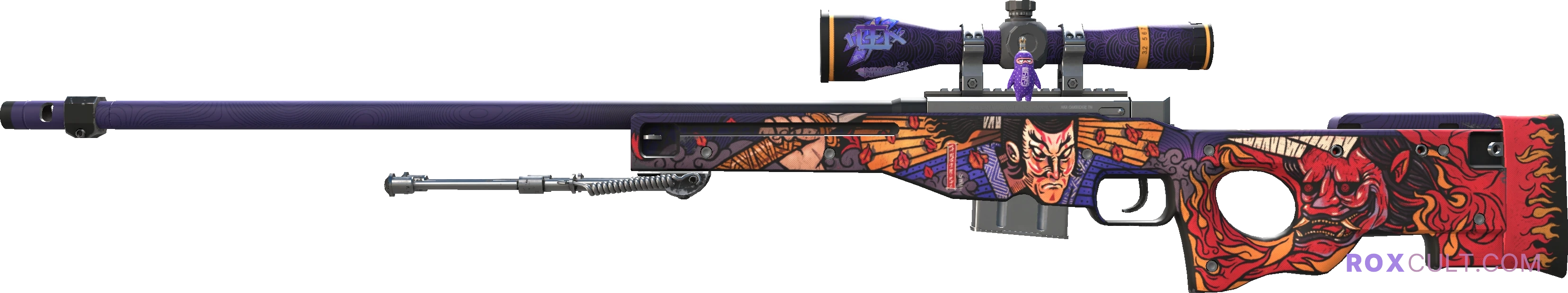 AWP | Oni Taiji (Factory New) — rox (Holo) Antwerp 2022 craft, playside view with 1 rox (Holo) sticker