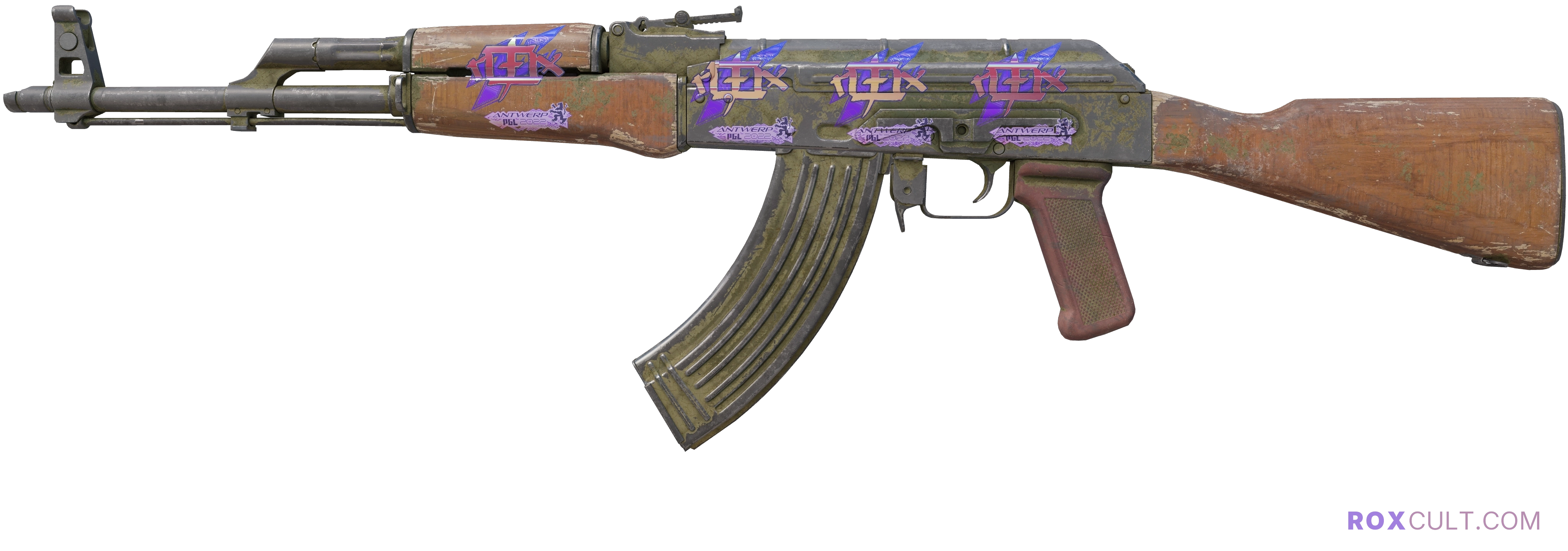 AK-47 | Safari Mesh (Battle-Scarred) — rox (Holo) Antwerp 2022 craft, playside view with 4 rox (Holo) stickers