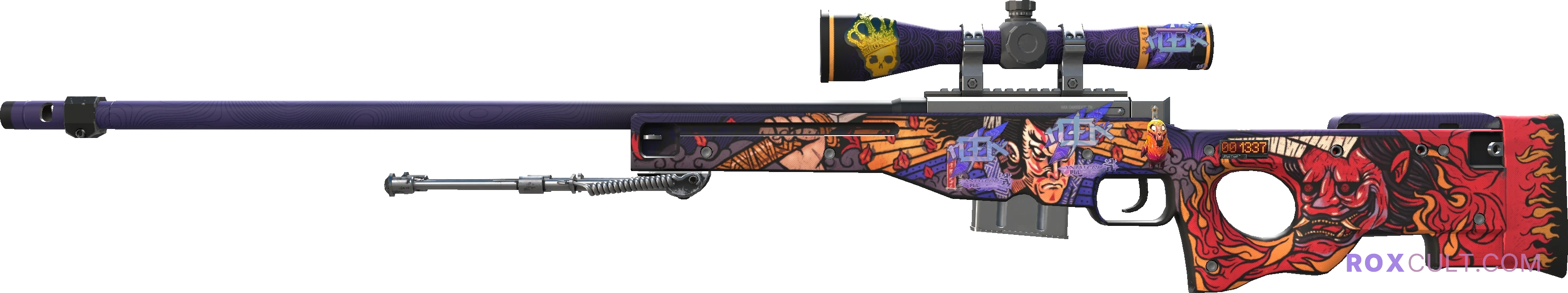 StatTrak™ AWP | Oni Taiji (Factory New) — rox (Holo) Antwerp 2022 craft, playside view with 3 rox (Holo) stickers