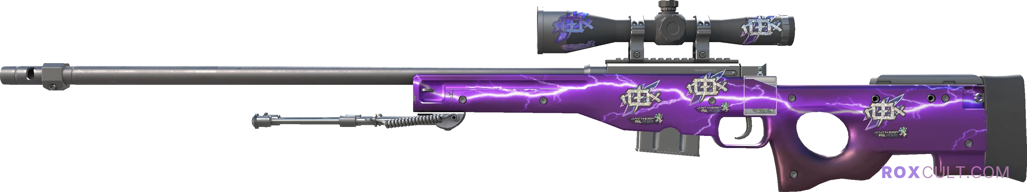 AWP | Lightning Strike (Factory New) — rox (Holo) Antwerp 2022 craft, playside view with 1 rox (Holo) sticker