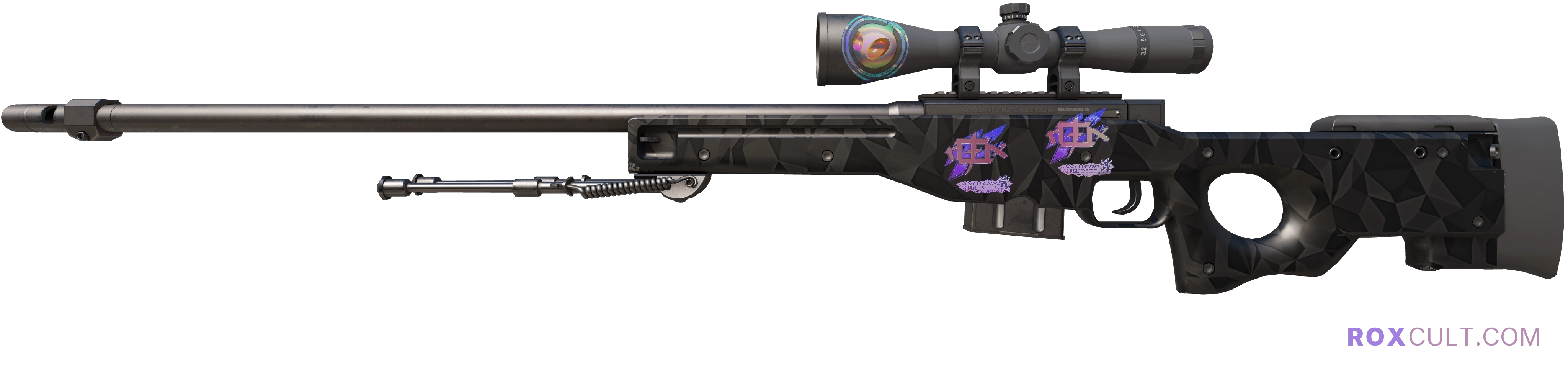 AWP | Graphite (Factory New) — rox (Holo) Antwerp 2022 craft, playside view with 2 rox (Holo) stickers