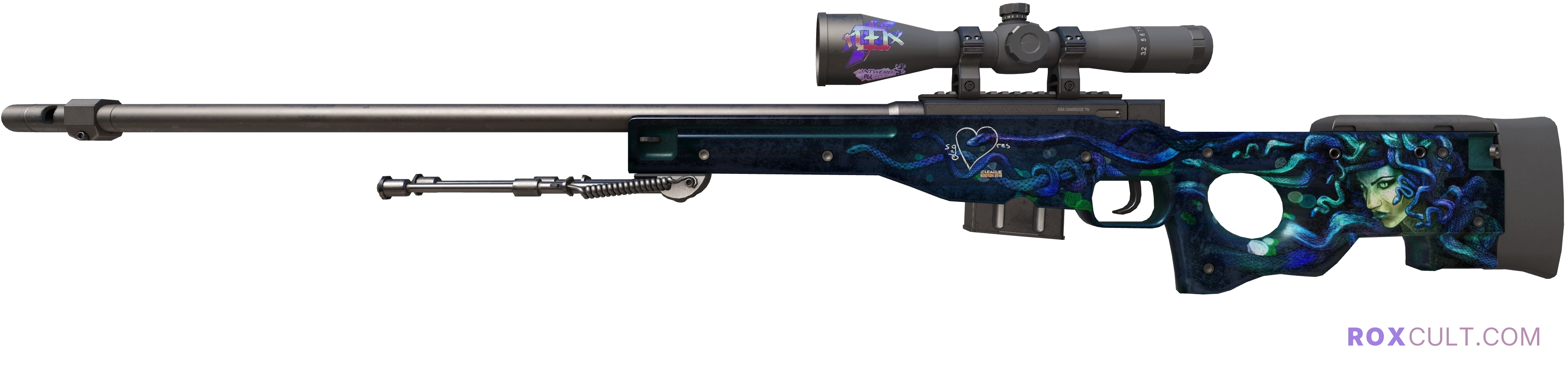 AWP | Medusa (Battle-Scarred) — rox (Holo) Antwerp 2022 craft, playside view with 1 rox (Holo) sticker