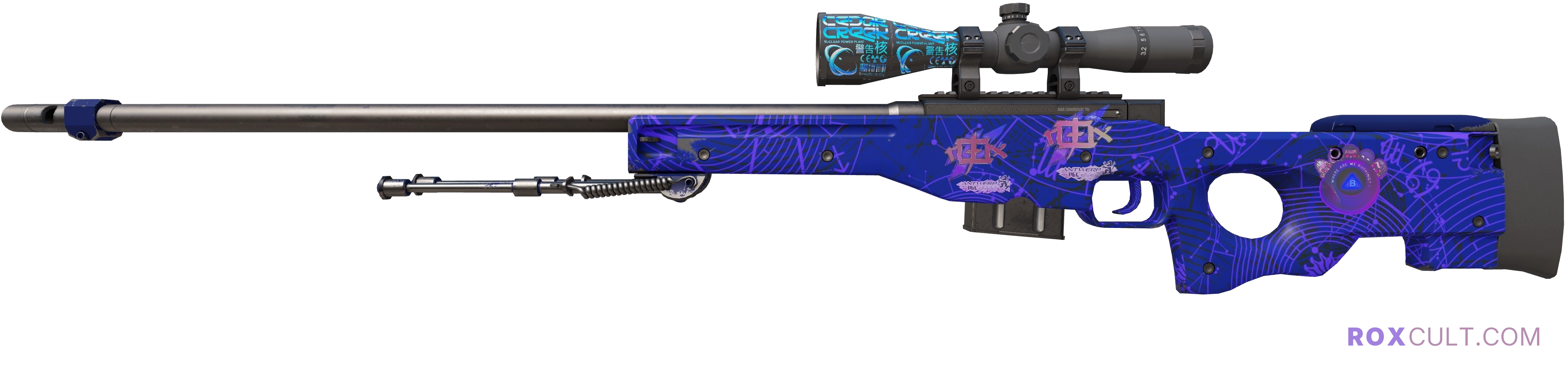 AWP | Sun in Leo (Factory New) — rox (Holo) Antwerp 2022 craft, playside view with 2 rox (Holo) stickers