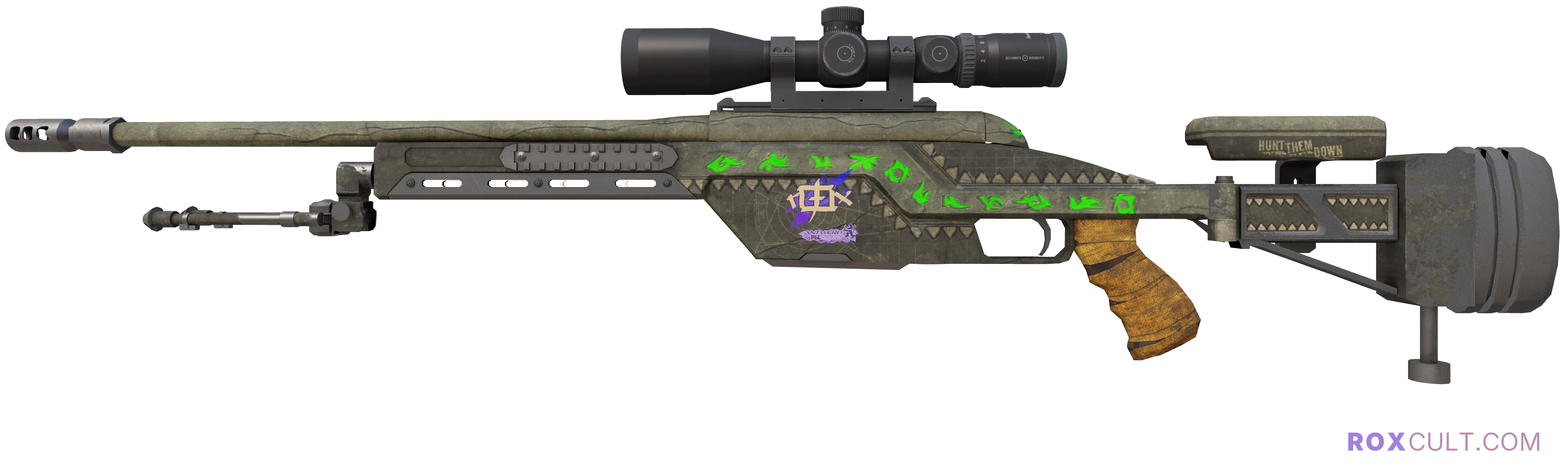 SSG 08 | Necropos (Factory New) — rox (Holo) Antwerp 2022 craft, playside view with 1 rox (Holo) sticker