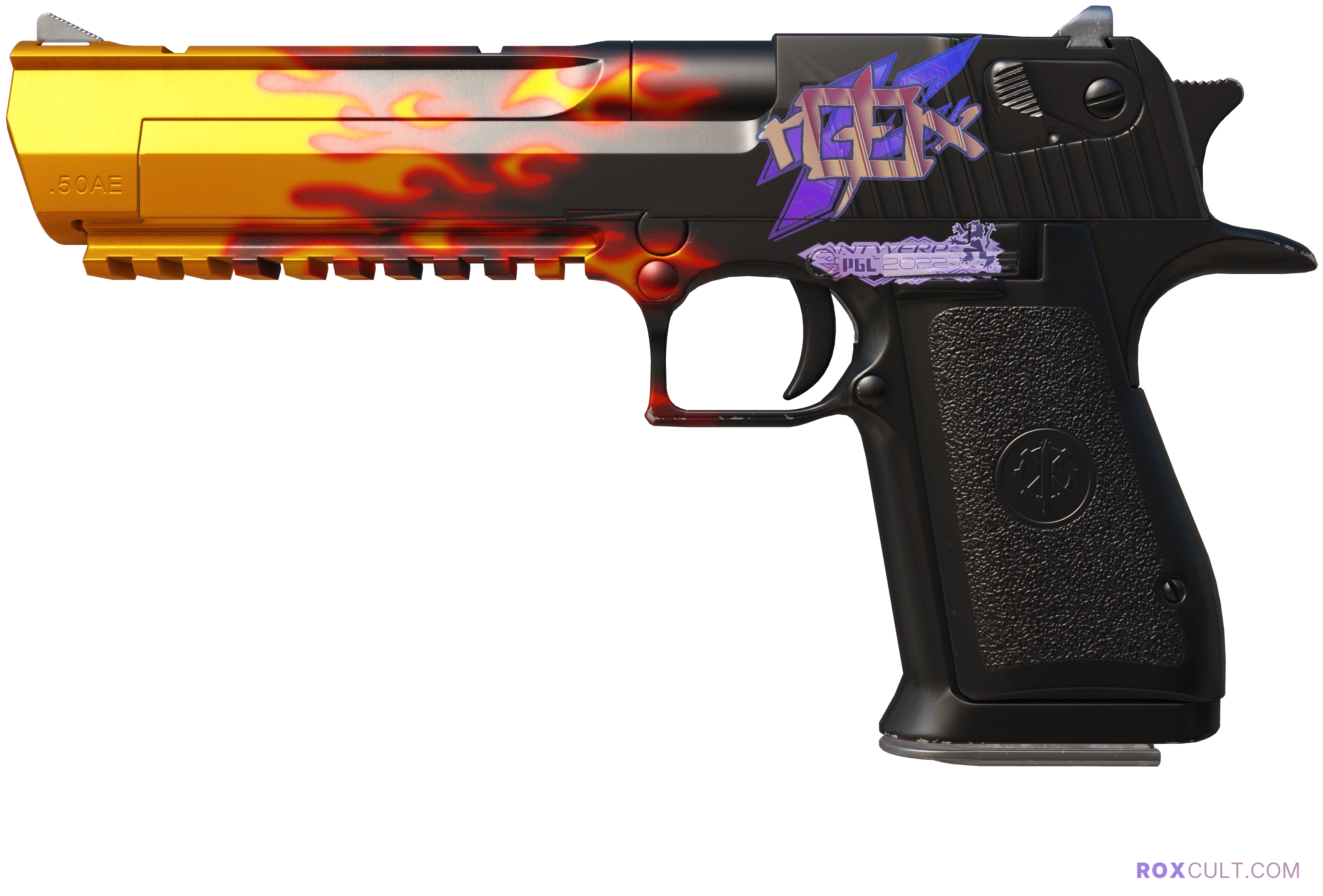 Desert Eagle | Blaze (Factory New) — rox (Holo) Antwerp 2022 craft, playside view with 1 rox (Holo) sticker