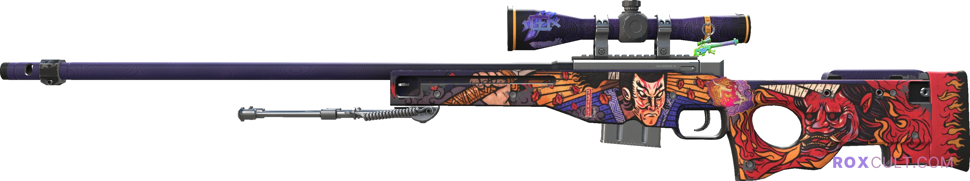 AWP | Oni Taiji (Field-Tested) — rox (Holo) Antwerp 2022 craft, playside view with 1 rox (Holo) sticker