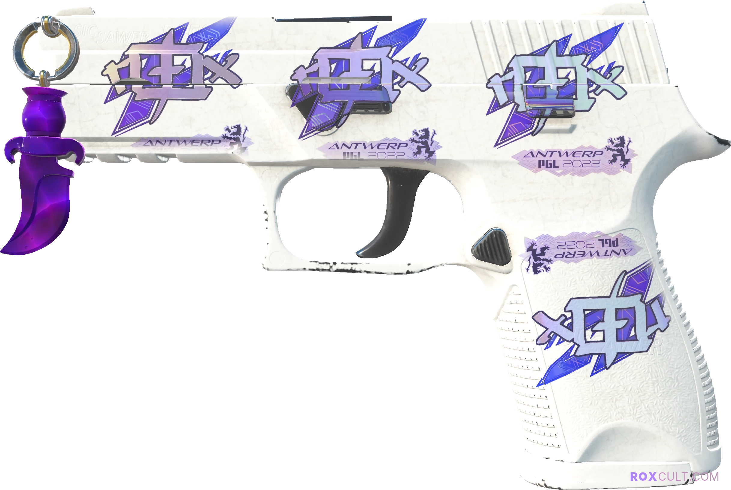 P250 | Whiteout (Factory New) — rox (Holo) Antwerp 2022 craft, playside view with 4 rox (Holo) stickers