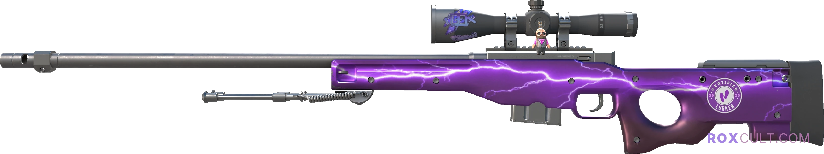 AWP | Lightning Strike (Factory New) — rox (Holo) Antwerp 2022 craft, playside view with 1 rox (Holo) sticker
