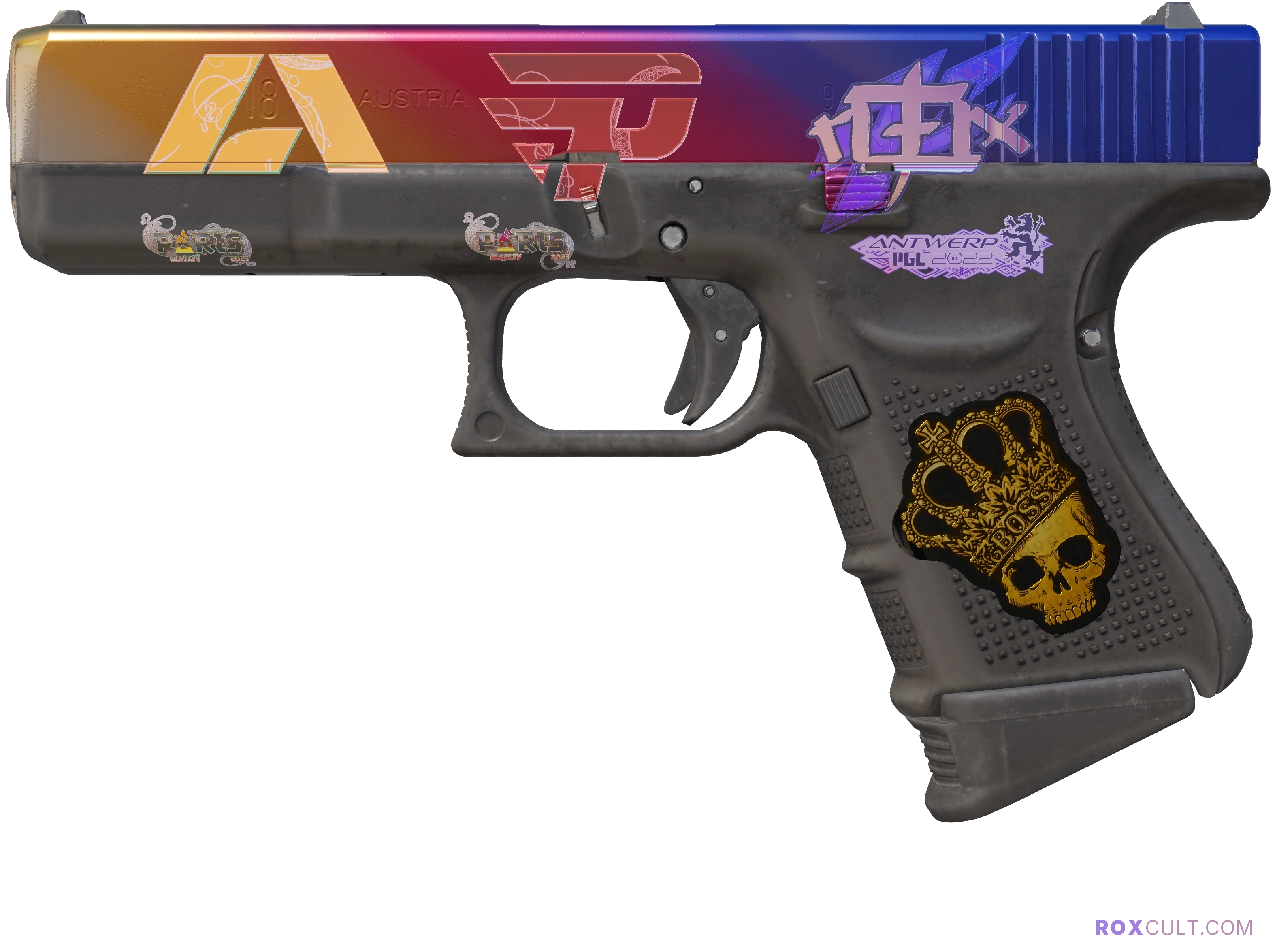 Glock-18 | Fade (Factory New) — rox (Holo) Antwerp 2022 craft, playside view with 1 rox (Holo) sticker
