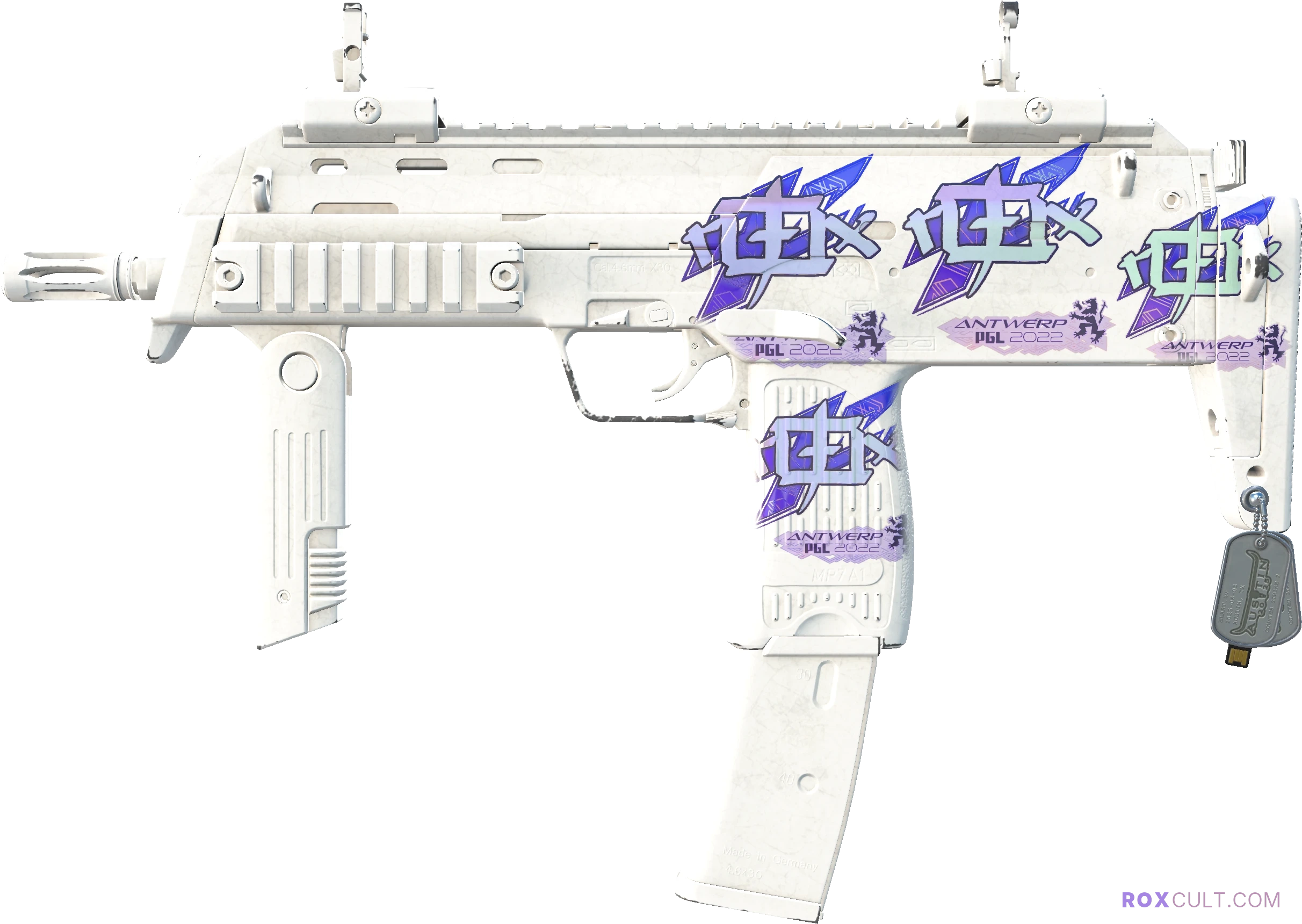 MP7 | Whiteout (Factory New) — rox (Holo) Antwerp 2022 craft, playside view with 4 rox (Holo) stickers