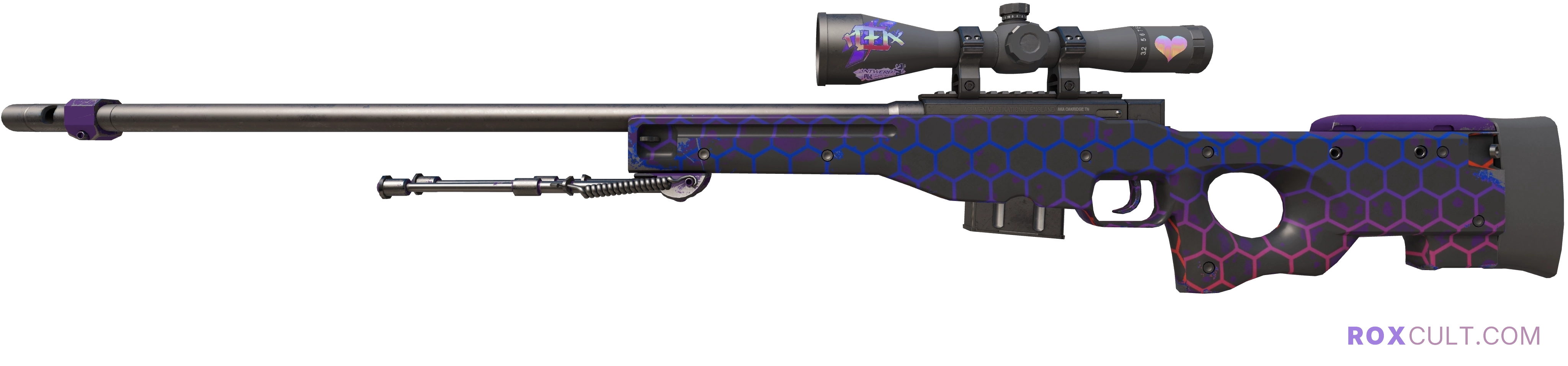 AWP | Electric Hive (Minimal Wear) — rox (Holo) Antwerp 2022 craft, playside view with 1 rox (Holo) sticker