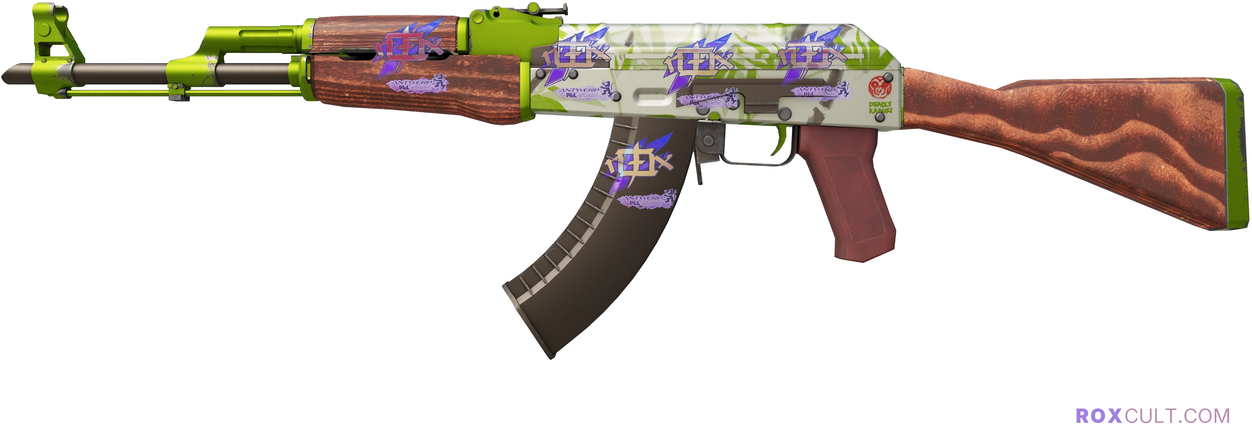 AK-47 | Hydroponic (Minimal Wear) — rox (Holo) Antwerp 2022 craft, playside view with 5 rox (Holo) stickers