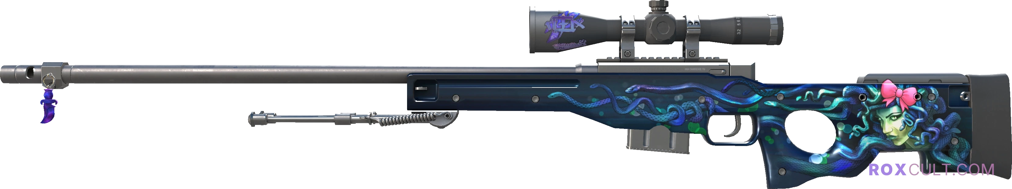 AWP | Medusa (Minimal Wear) — rox (Holo) Antwerp 2022 craft, playside view with 1 rox (Holo) sticker