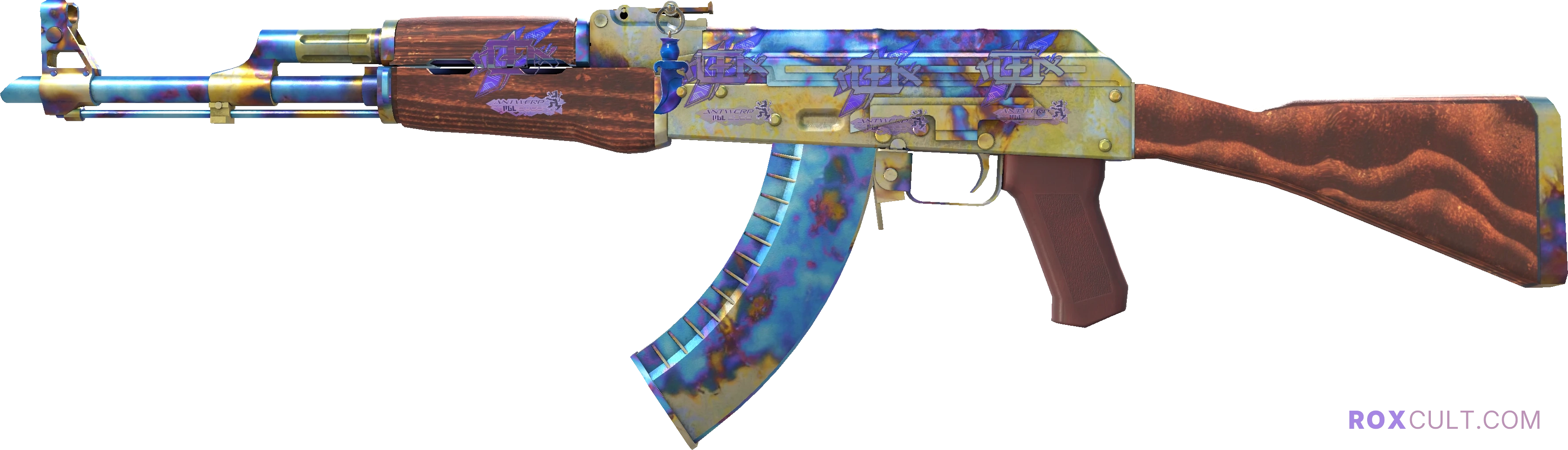 AK-47 | Case Hardened (Minimal Wear) — rox (Holo) Antwerp 2022 craft, playside view with 4 rox (Holo) stickers