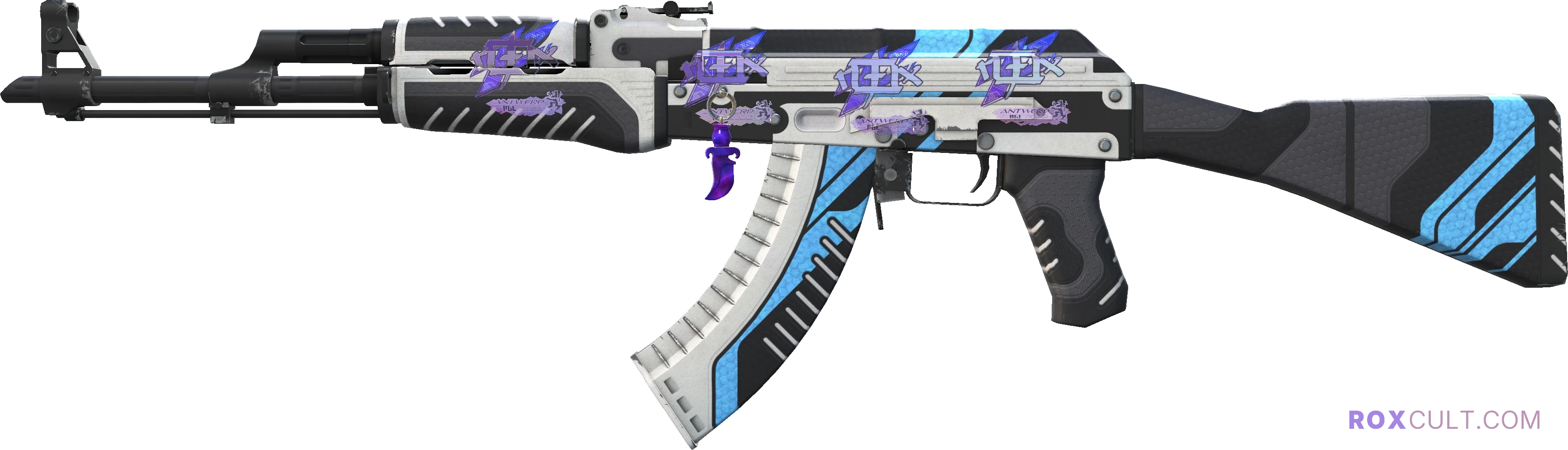 AK-47 | Vulcan (Factory New) — rox (Holo) Antwerp 2022 craft, playside view with 4 rox (Holo) stickers