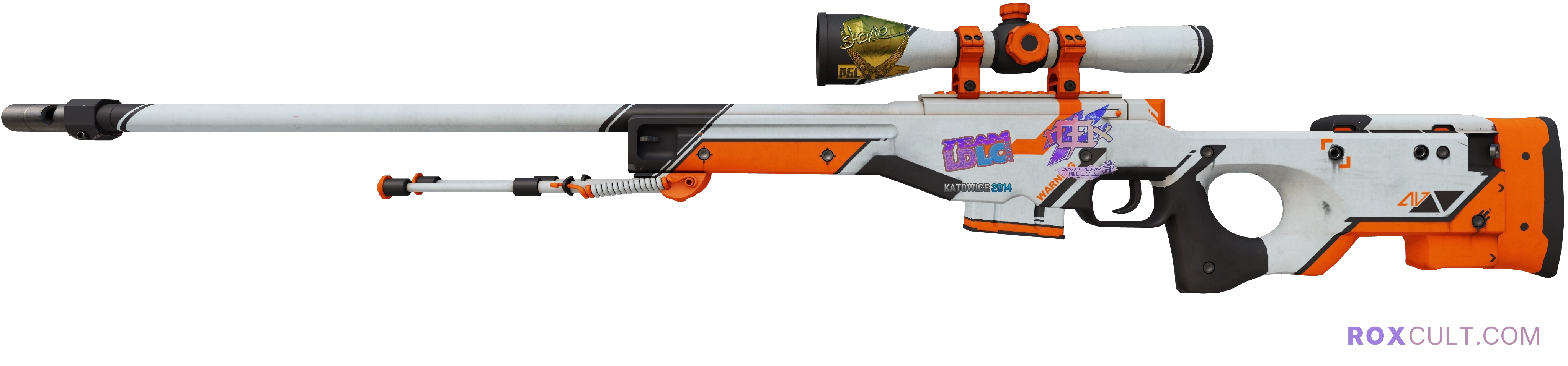AWP | Asiimov (Field-Tested) — rox (Holo) Antwerp 2022 craft, playside view with 1 rox (Holo) sticker