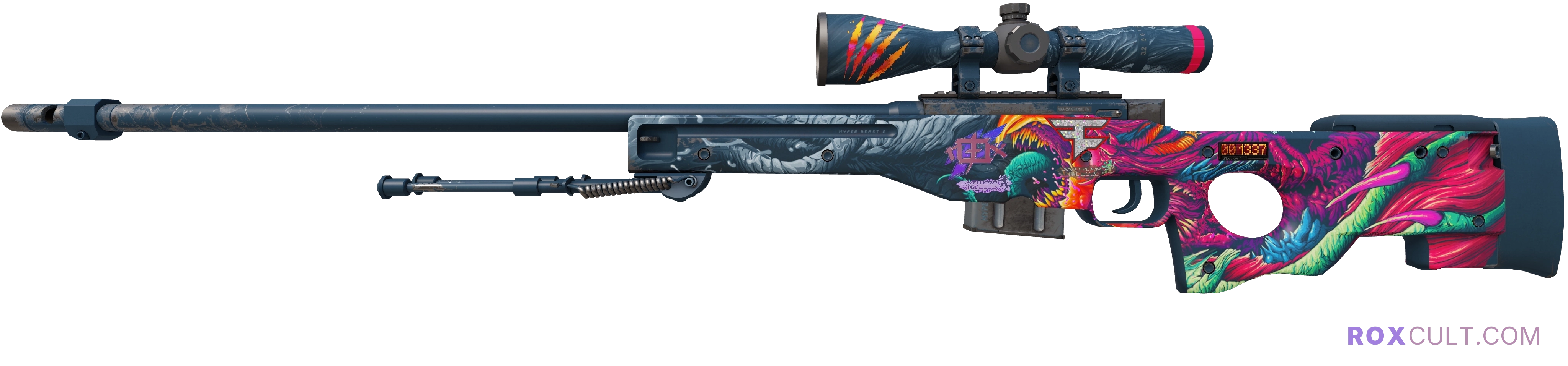 StatTrak™ AWP | Hyper Beast (Minimal Wear) — rox (Holo) Antwerp 2022 craft, playside view with 1 rox (Holo) sticker