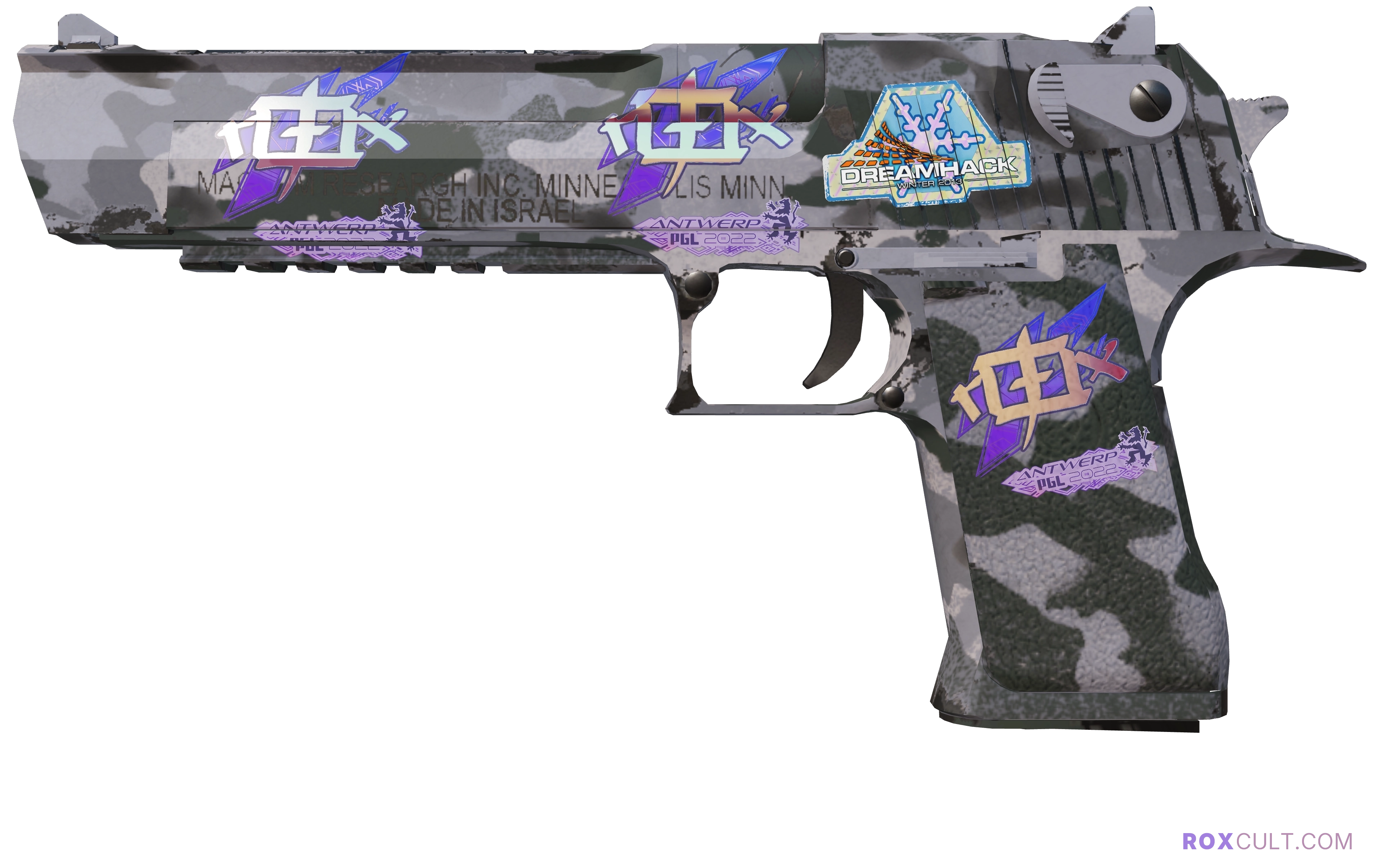 Souvenir Desert Eagle | Urban Rubble (Minimal Wear) — rox (Holo) Antwerp 2022 craft, playside view with 3 rox (Holo) stickers