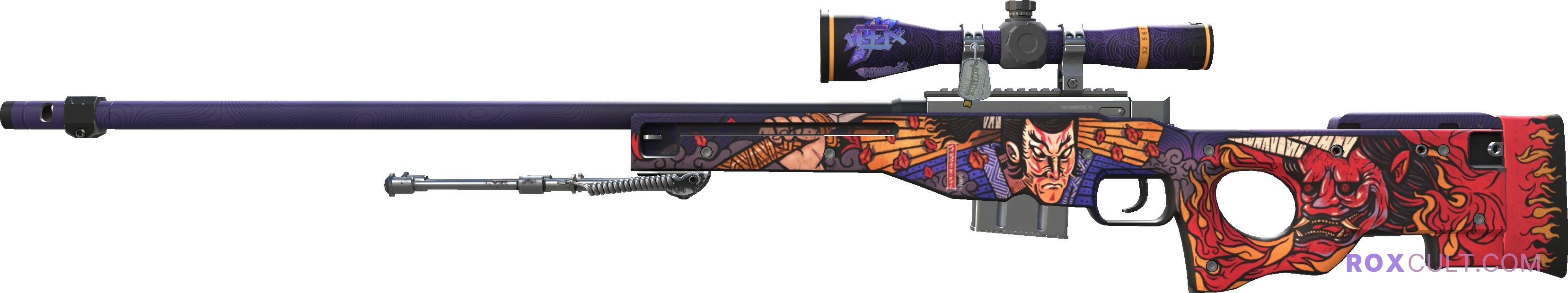 AWP | Oni Taiji (Factory New) — rox (Holo) Antwerp 2022 craft, playside view with 1 rox (Holo) sticker