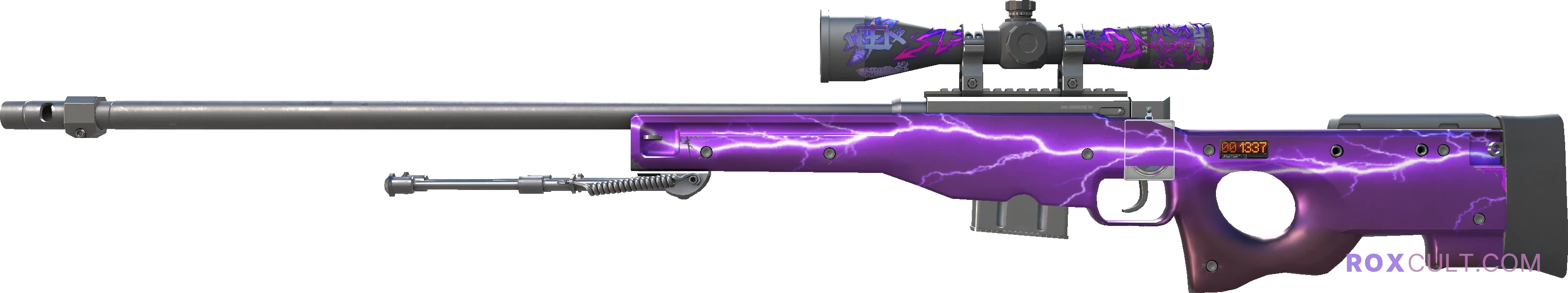StatTrak™ AWP | Lightning Strike (Factory New) — rox (Holo) Antwerp 2022 craft, playside view with 1 rox (Holo) sticker