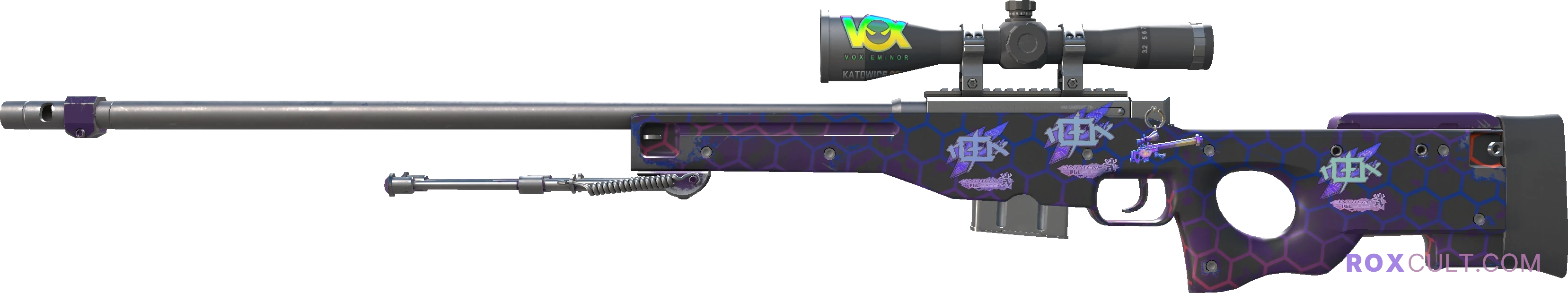 AWP | Electric Hive (Minimal Wear) — rox (Holo) Antwerp 2022 craft, playside view with 3 rox (Holo) stickers