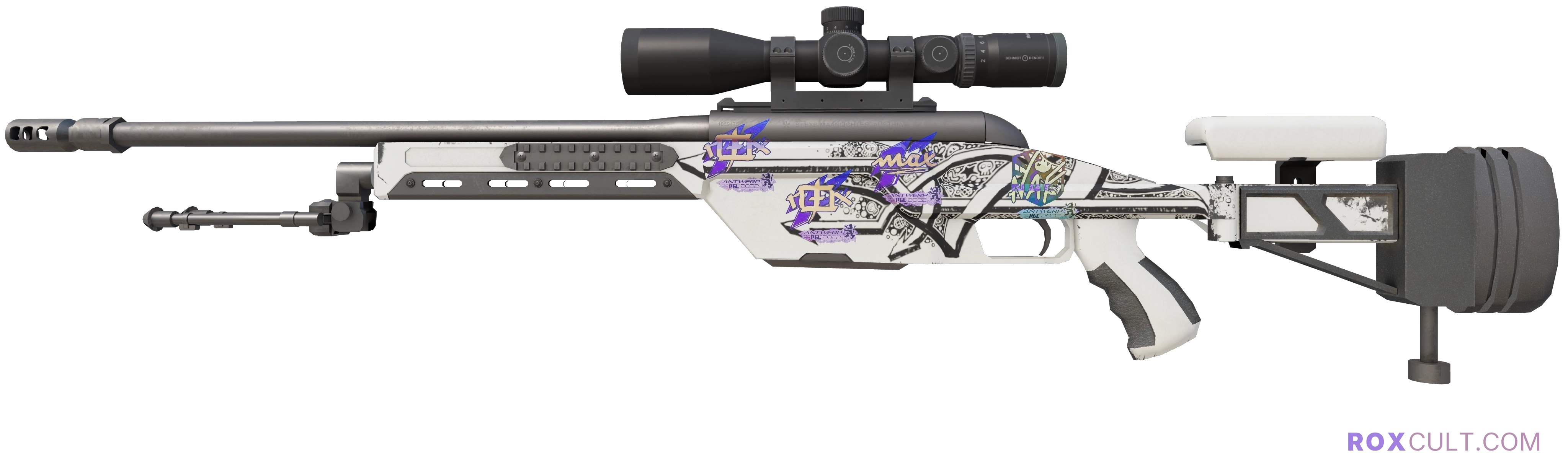 SSG 08 | Detour (Factory New) — rox (Holo) Antwerp 2022 craft, playside view with 2 rox (Holo) stickers