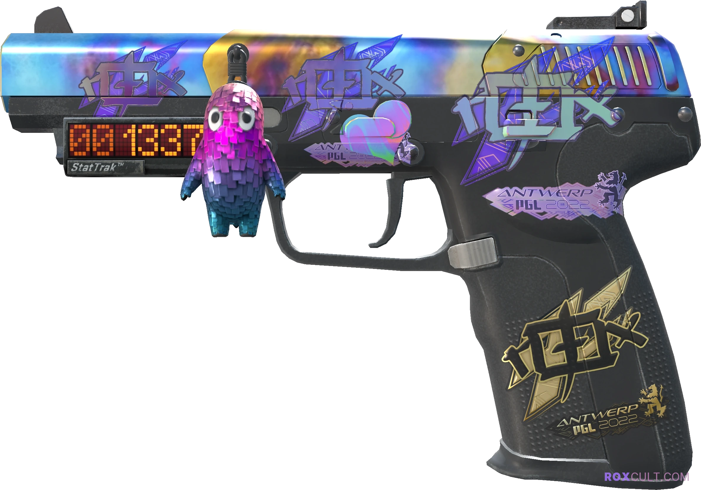 StatTrak™ Five-SeveN | Case Hardened (Factory New) — rox (Holo) Antwerp 2022 craft, playside view with 3 rox (Holo) stickers