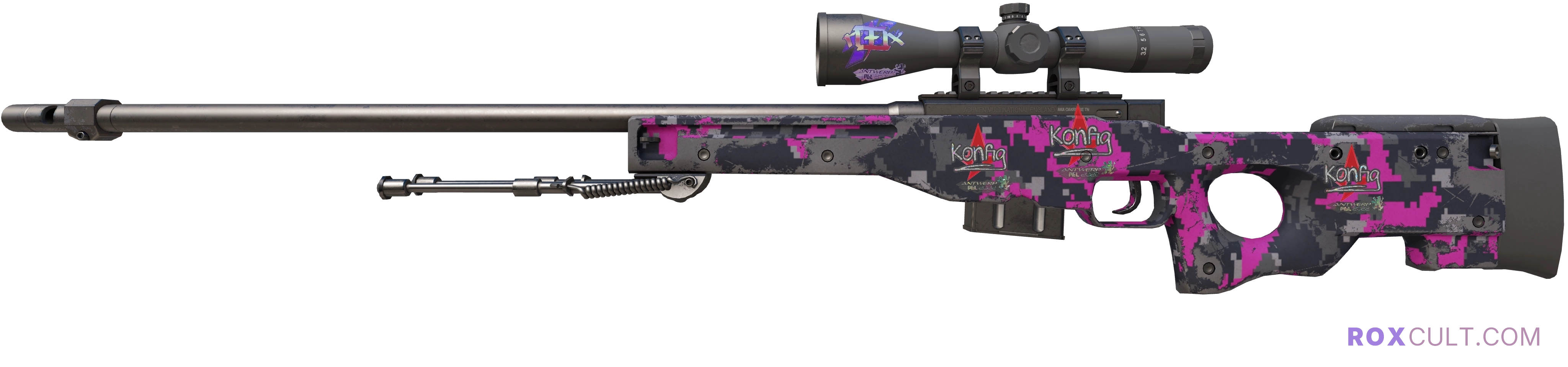 AWP | Pink DDPAT (Field-Tested) — rox (Holo) Antwerp 2022 craft, playside view with 1 rox (Holo) sticker