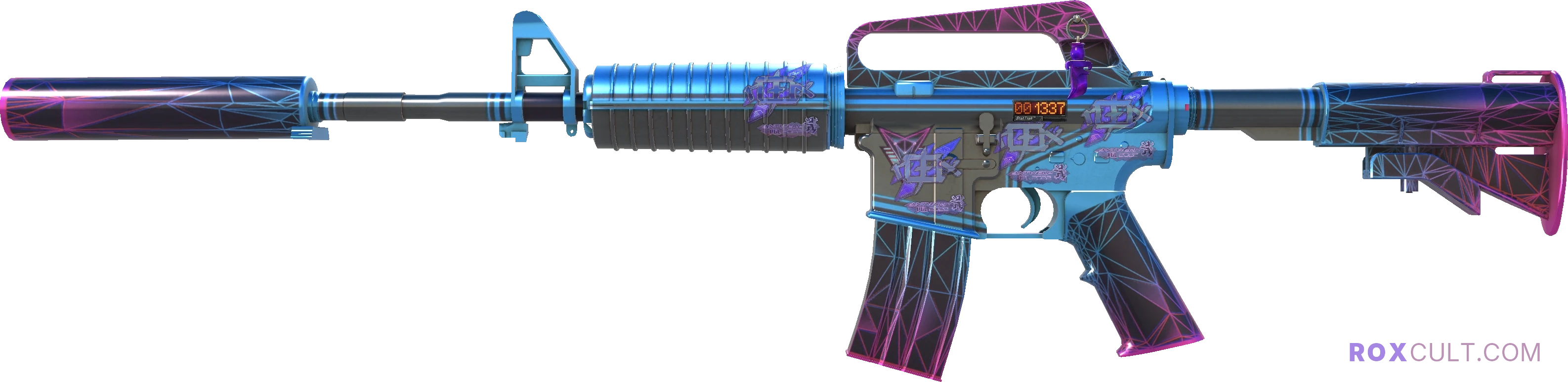 StatTrak™ M4A1-S | Decimator (Factory New) — rox (Holo) Antwerp 2022 craft, playside view with 4 rox (Holo) stickers
