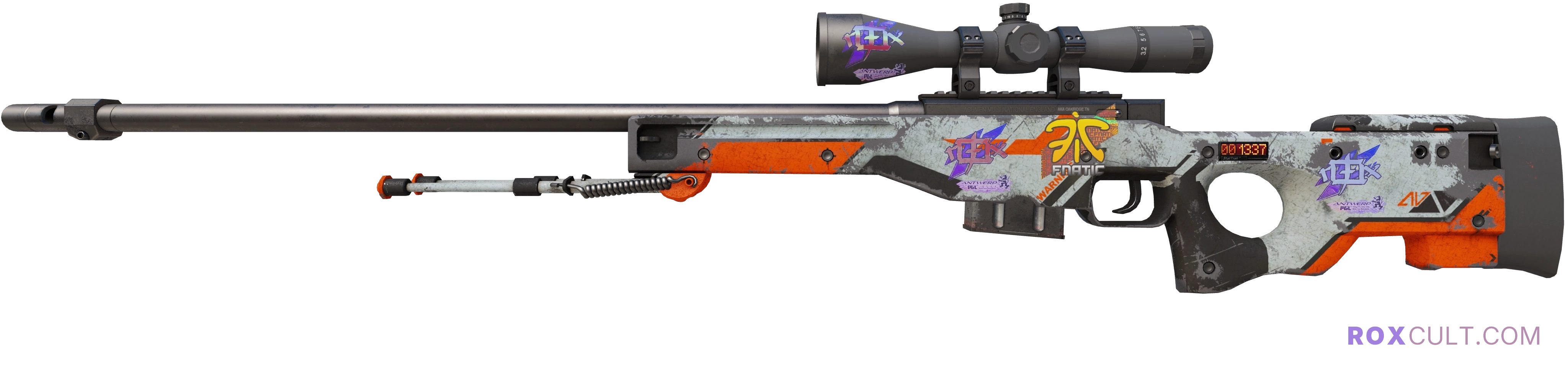 StatTrak™ AWP | Asiimov (Battle-Scarred) — rox (Holo) Antwerp 2022 craft, playside view with 3 rox (Holo) stickers