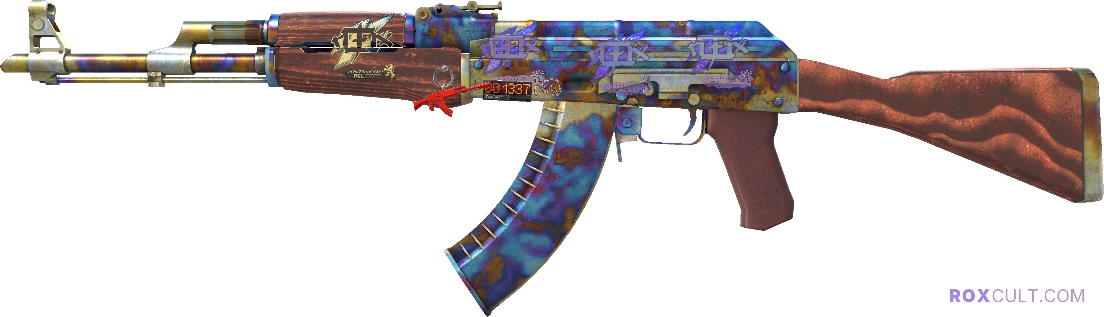 StatTrak™ AK-47 | Case Hardened (Battle-Scarred) — rox (Holo) Antwerp 2022 craft, playside view with 3 rox (Holo) stickers